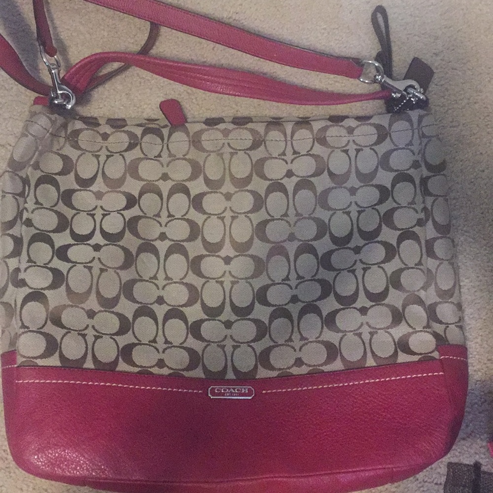 Coach Park Convertible Hobo Signature Jacquard and Red Leather Crossbody Bag